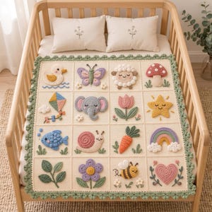 Puede incluir: Una manta de ganchillo para bebé en color crema con dieciséis paneles cuadrados que presentan apliques en relieve de un pato, mariposa, oveja, seta, cometa, elefante, tulipán, estrella, pez, caracol, zanahoria, arcoíris, hojas, flor, abeja y corazón.