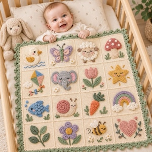 May include: A cream-colored crochet baby blanket featuring a grid of sixteen squares, each decorated with a unique 3D applique including a duck, butterfly, sheep, mushroom, kite, elephant, tulip, star, fish, snail, carrot, rainbow, leaves, flower, bee, and heart.