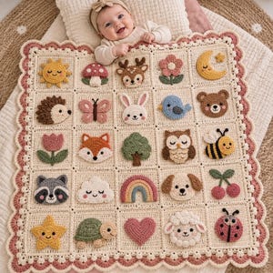 Puede incluir: Una manta de ganchillo para bebé de color crema con una cuadrícula de veinte cuadrados, cada uno decorado con una aplicación tridimensional única y colorida que incluye animales, flores, un sol, una luna, un arcoíris y un corazón.