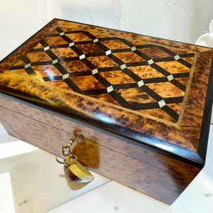 Handmade Moroccan Thuya Burl Jewelry Box, Mother of Pearl Inlay, Lockable Keepsake Organizer