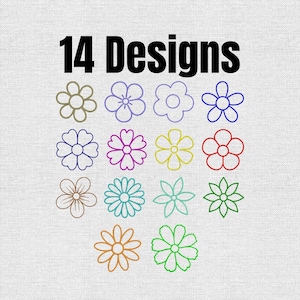 Puede incluir: Un gráfico digital que presenta el texto 14 Designs en letras negras en negrita sobre una colección de catorce contornos de flores distintos. Cada flor está representada en un color diferente, incluyendo marrón, morado, azul, rojo, amarillo, rosa y verde.