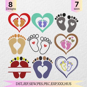 Op de afbeelding: Een digitaal borduurontwerp-set met 8 ontwerpen in 7 maten, inclusief diverse babyvoetafdruk-motieven, sommige in hartvormen, andere met kleine hartaccenten en één gesplitst ontwerp. Bestandsformaten zijn DST, JEF, SEW, PES, PEC, EXP, XXX, HUS.