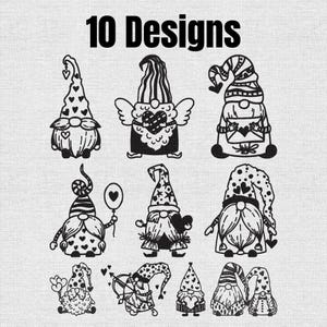 May include: A collection of 10 black and white line art illustrations featuring gnomes with various Valentine's Day themes, including hearts, arrows, envelopes, and balloons. The text 10 Designs is displayed at the top in a bold black font.