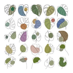 May include: A collection of twenty-five monstera leaf illustrations rendered in black line art. Each leaf features abstract, textured color shapes in shades of green, blue, brown, red, and pink, arranged in a grid pattern on a white background.