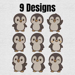 May include: A collection of 9 Designs featuring cartoon penguin illustrations. Each penguin is depicted in a different pose with varying facial expressions, including winking, smiling, and waving, rendered in shades of dark grey and light grey.