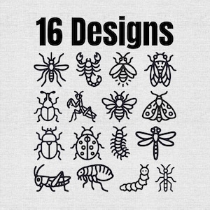 May include: A collection of 16 black line art insect icons arranged in a four-by-four grid. The graphic features various bugs including a scorpion, bee, beetle, ladybug, dragonfly, and caterpillar, with the text 16 Designs centered at the top.