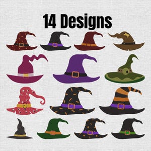 Può includere: Una collezione digitale di 14 disegni raffiguranti vari cappelli da strega in colori tra cui nero, viola, verde, rosso e marrone. I cappelli presentano motivi diversi come stelle, pipistrelli e occhi, molti dei quali con fibbie sulle fasce.