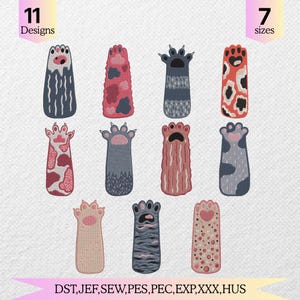 May include: Eleven machine embroidery designs of cat paws in various colors and patterns, including spotted, striped, and solid textures. The image includes text stating 11 Designs, 7 sizes, and file formats DST, JEF, SEW, PES, PEC, EXP, XXX, HUS.