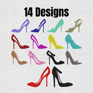 Op de afbeelding: Een collectie van 14 ontwerpen met silhouetten van schoenen met hoge hakken in diverse kleuren, waaronder paars, blauw, groenblauw, goud, rood, magenta, geel, bruin, roze, zwart en grijs, gerangschikt in een raster op een lichtgrijze textuur.