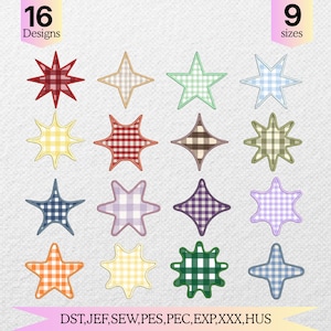 May include: A digital collection of 16 star-shaped embroidery designs in 9 sizes, featuring various gingham patterns in red, yellow, blue, green, purple, and orange. The text 16 Designs and 9 sizes appears at the top, with file formats listed below.