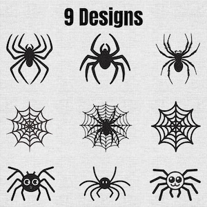 May include: A collection of 9 black spider and spiderweb designs arranged in a grid. The set includes various silhouettes of spiders, intricate web patterns, and cartoon-style spiders with large eyes, all presented on a light gray textured background.