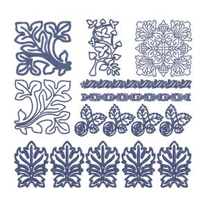 May include: A collection of dark blue embroidery designs featuring various botanical and geometric motifs. The set includes leafy corner patterns, a vertical vine, a square tile design, two horizontal borders, and a row of repeating leaf shapes.