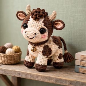 Pode incluir: Um peluche de vaca feito em croché com manchas castanhas e creme, olhos pretos grandes e um pequeno sino dourado numa coleira. A vaca tem chifres texturizados, uma cauda com borla e bochechas rosadas, feito com fios detalhados.