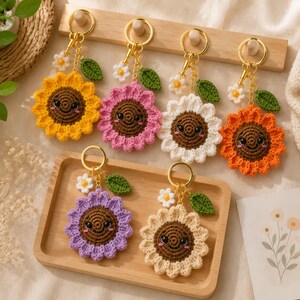 Patrón de llavero de girasol a crochet en PDF, llavero de girasol amigurumi, tutorial de flores a crochet, patrón DIY para principiantes, descarga instantánea.
