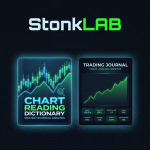 以下が含まれることがあります： 上部にStonkLABのテキストがあるデジタルグラフィック。その下には、光る緑色のローソク足チャートを表示するChart Reading Dictionaryのブックアイコンがあります。隣には、折れ線グラフとパフォーマンス指標を表示するTrading Journalインターフェースがあります。
