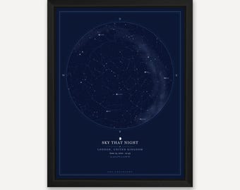 Personalised Star Map Print - Custom Night Sky by Date & Location - The Night We Met, Anniversary, Wedding Gift - Framed or Print