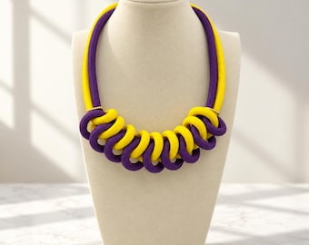 Yellow and Purple Braided Rope Necklace, Chunky Statement Jewelry, Modern Boho Jewelry