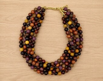 Halsketting met meerdere strengen houten kralen, aardetinten, grove boho statement sieraden, cadeau voor vrouwen