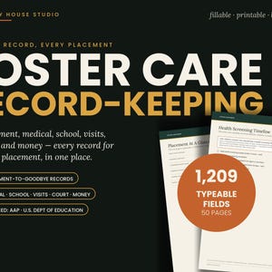 Fosterhemspärm ifyllbar PDF | 50-sidig placeringsjournalorganisatör | Medicinska, skol-, besöks-, domstols- och pengaloggar | A4 + US Letter