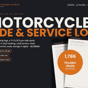 Peut inclure: Un modèle numérique de journal de bord et d'entretien pour moto avec un fond noir et du texte orange. Le document comprend des sections pour les trajets, les vérifications T-CLOCS, le kilométrage, le carburant, l'entretien, la chaîne, les pneus, les modifications et la sécurité. Il contient 1 786 champs remplissables sur 50 pages.
