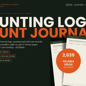 Peut inclure: Un journal de chasse numérique avec un fond vert foncé et du texte orange. Le document comprend des champs remplissables pour les registres de récolte, le repérage, les caméras de piste, les profils de propriété et le suivi du matériel, soit 2 039 champs sur 50 pages.