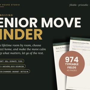 May include: A digital senior move binder organiser featuring white and gold text on a dark background. The text reads Downsizing Senior Move Binder, with sections for sorting, furniture planning, and 974 typeable fields across 43 printable pages.