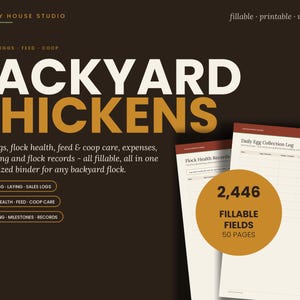 May include: A digital planner for backyard chickens with a dark brown background and white and gold text. It features sections for egg logs, flock health, feed, and coop care. The document includes 50 pages with 2,446 fillable fields.