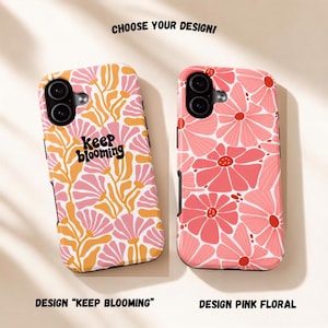 Könnte beinhalten: Zwei Handyhüllen mit Kameraaussparungen. Die linke Hülle zeigt ein orange-rosa Blumenmuster mit dem schwarzen Schriftzug "keep blooming". Die rechte Hülle hat ein rosa-weißes Blumenmuster. Der Text darüber lautet "CHOOSE YOUR DESIGN!".
