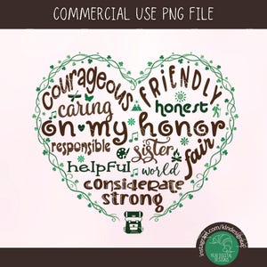 May include: A heart-shaped graphic design composed of brown text including words like courageous, friendly, caring, honest, responsible, sister, fair, helpful, world, considerate, and strong, framed by green vines with small shamrock leaves.