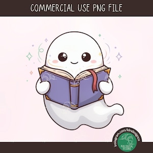 Schattig spookje dat een boek leest, digitale PNG, kawaii, sublimatie, DTF-print, Halloween, griezelig seizoen, clipart, mok, tas, sticker, direct te downloaden, lezer