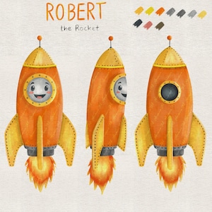以下が含まれることがあります： ROBERT the Rocketと題された3機のオレンジと黄色のロケットのデジタルイラスト。各ロケットは尖った先端、円形の窓、そして基部に燃えるような排気プルームを備えています。上部には小さな色見本のパレットが表示されています。
