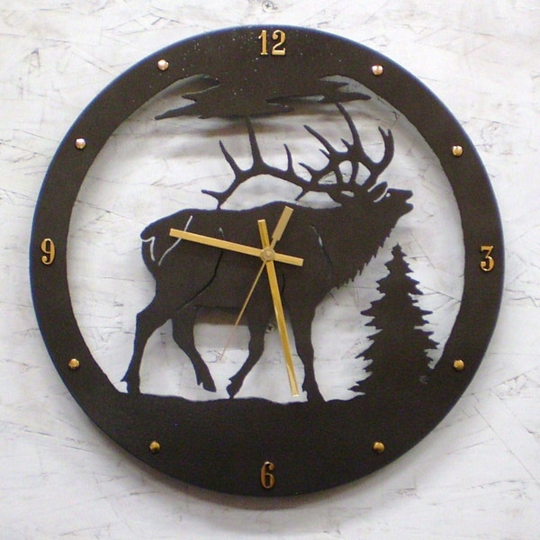 Wall Clock, Wildlife BUGLING BULL Elk Clock Metal Art - Cabin Home Decor - Standing in the woods - Black Silhouette Wall Decor Wall Clock