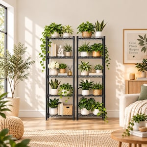 May include: Two tall, black metal wire shelving units with five tiers each, filled with various potted green plants, small decorative items, and books. The shelves are arranged side-by-side, creating a vertical display of indoor greenery.