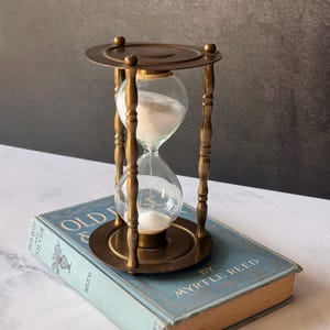 Vintage 1970s Brass Hourglass | Turned Column Sand Timer | Mid Century Desk Decor