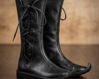 Botas vikingas medievales negras de cuero / Botas hechas a mano para ferias renacentistas y juegos de rol en vivo (LARP)