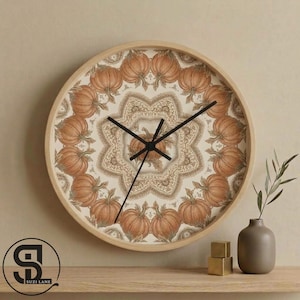 Pompoenwandtapijt Mandala Wandklok – Herfstdecoratie met pompoenen – Paisley-patroon voor de herfst – Seizoensgebonden woonaccessoire – Ronde klok van 25 cm
