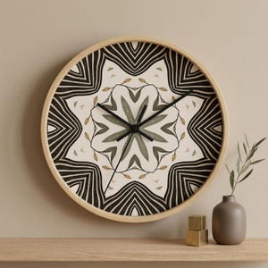 Verdant Echo Mandala Wall Clock – Neutral Boho Geometric Home Decor – Modern Green Pattern Clock