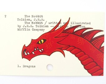 El Hobbit de J.R.R. Tolkien - Lámina de mi pintura de Smaug el dragón en tarjeta de biblioteca