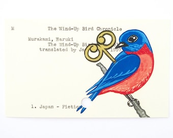 The Wind-Up Bird Chronicle - Print of my painting of bird on library card catalog card