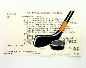 Hockey Library Cart Art - Print of my painting of hockey stick and puck on library card