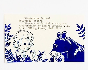 Arándanos para Sal - Impresión de mi pintura en tarjeta de biblioteca para el libro Arándanos para Sal