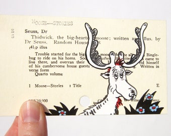 Thidwick the Big-Hearted Moose - Print of Moose painted on library card catalog card for the book Thidwick the Big-Hearted Moose