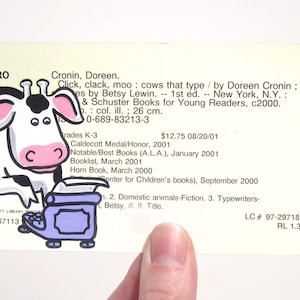 Art de carte de bibliothèque Click Clack Moo - Impression de ma peinture d'une vache et d'une machine à écrire sur carte pour le livre Click, Clack, Moo : Cows That Type