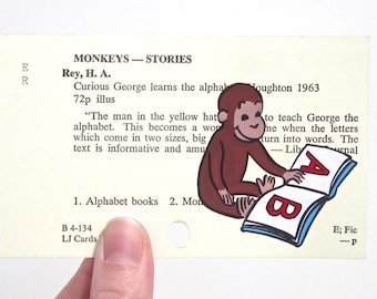 Curious George Library Card Art - Print of my painting of Curious George and book on card for Curious George Learns the Alphabet