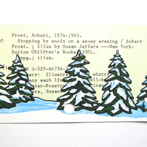 Art carte de bibliothèque Robert Frost - impression de ma peinture d'arbres sur carte de bibliothèque pour une halte en bois un soir de neige