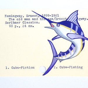 Ernest Hemingway Library Card Art Print of my painting of a marlin image 2