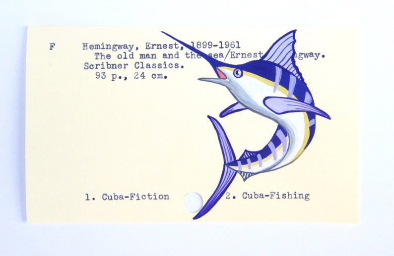 Ernest Hemingway Library Card Art Print of my painting of a marlin image 2