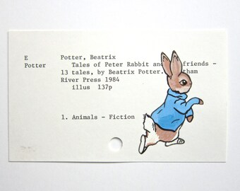 Peter Rabbit Beatrix Potter - Print of painting of Peter Rabbit on library card catalog card for Tales of Peter Rabbit and His Friends