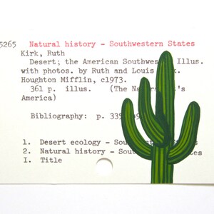 Art de carte de bibliothèque de cactus - impression de ma peinture d'un cactus de saguaro sur la carte de catalogue de bibliothèque