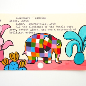 Arte de la tarjeta de la biblioteca de Elmer: impresión de mi pintura de Elmer el elefante en la tarjeta de la biblioteca